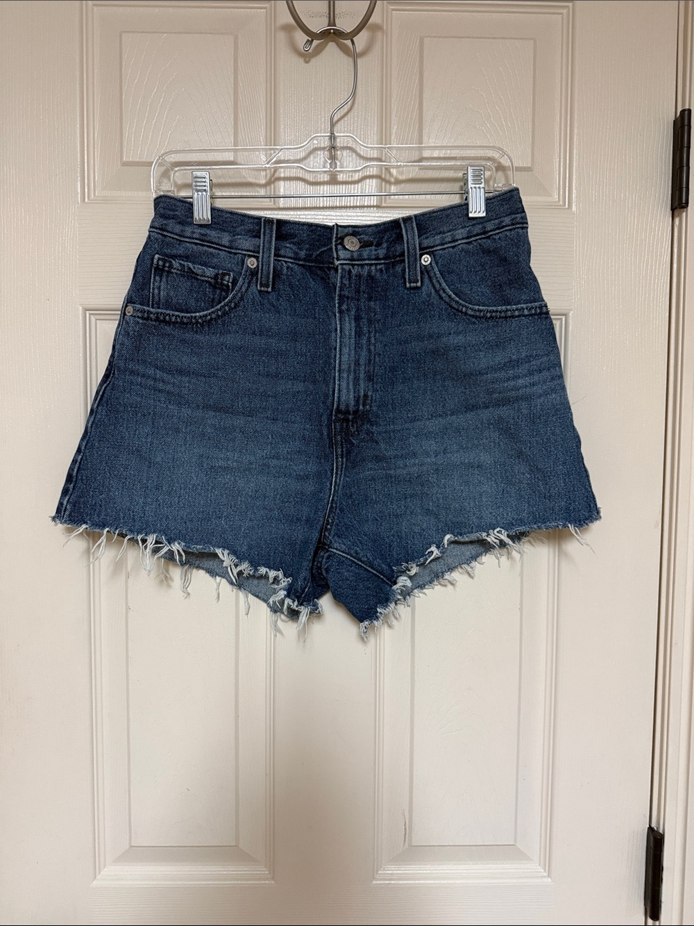 High-Rise Dark Blue Raw Hem Denim Shorts